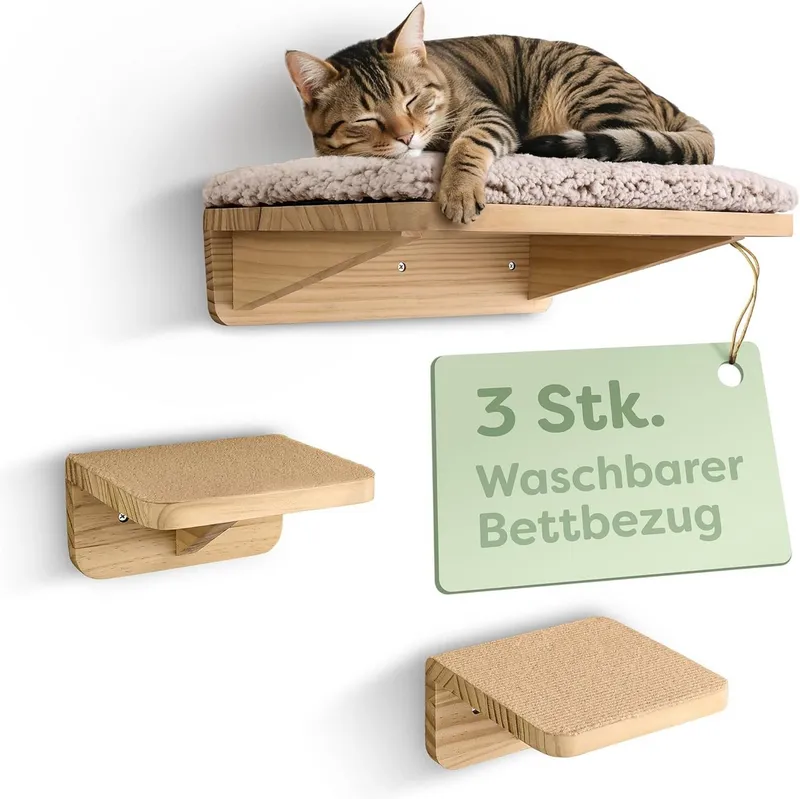 Knupis Kratzbaum Katzen Kletterwand Set mit Katzenbett & 2X Katzentreppe - Kiefernholz, Stabile Wandliege bis 30 kg – Für Spielspaß & Gemütlichkeit - FSC®, Beige, – Produktbild 1 von 5