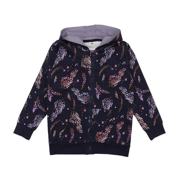 Walkiddy Walkiddy Kinder Sweatjacke GOTS zertifiziert, Bio-Baumwolle, „Heide“, dunkel mit Blumenmuster, Kapuze, Reißverschluss, Blau, – Produktbild 1 von 3