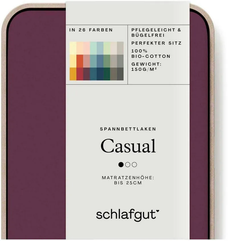 Schlafgut Schlafgut Spannbettlaken CASUAL Bettlaken 100% gekämmte Bio-Baumwolle, 150 g/m², Spannbetttuch, Jersey, Gummizug: rundum, (1 Stück), Bettlaken bis 25 cm Höhe, langlebig, weich, Antipilling-Ausrüstung, Lila, – Produktbild 3 von 5