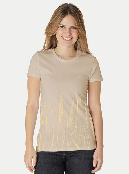 Peaces.bio - handbedruckte Biomode Peaces.bio - handbedruckte Biomode Damen Fit T-Shirt Gräservielfalt, Sand, – Produktbild 2 von 2