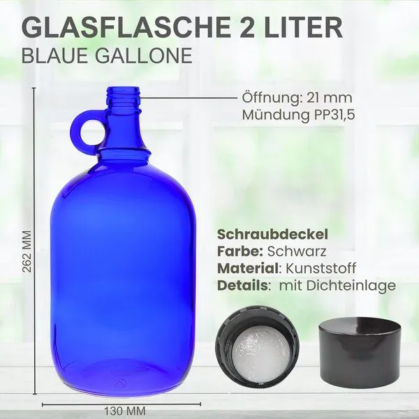 mikken mikken Große blaue Gallone 2 Liter Glasflasche / Wasserflasche mit Deckel – Produktbild 2 von 5