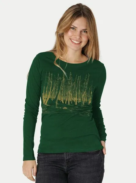 Peaces.bio - handbedruckte Biomode Peaces.bio - handbedruckte Biomode Damen Langarmshirt Woodland, Flaschengrün, – Produktbild 1 von 2