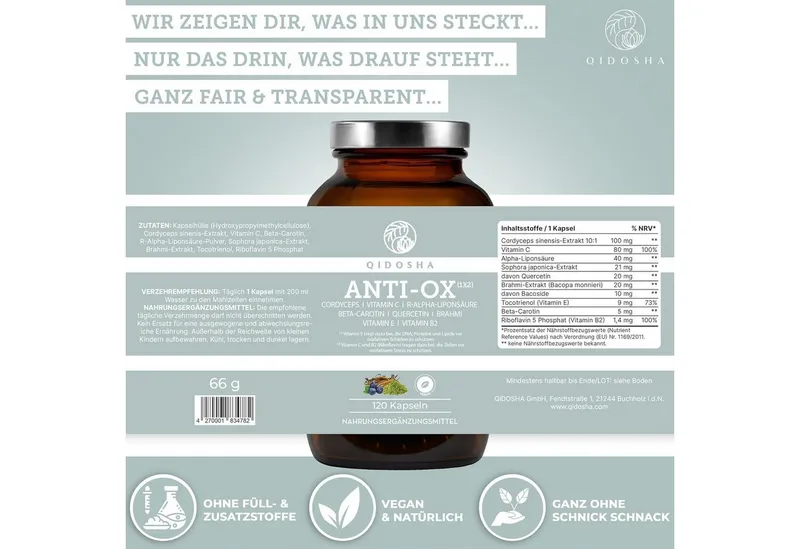 QIDOSHA Antioxidantien-Komplex ANTI-OX Kapseln, 120 St., 52 g, Mit Alpha-Liponsäure und Quercetin – Produktbild 1 von 5