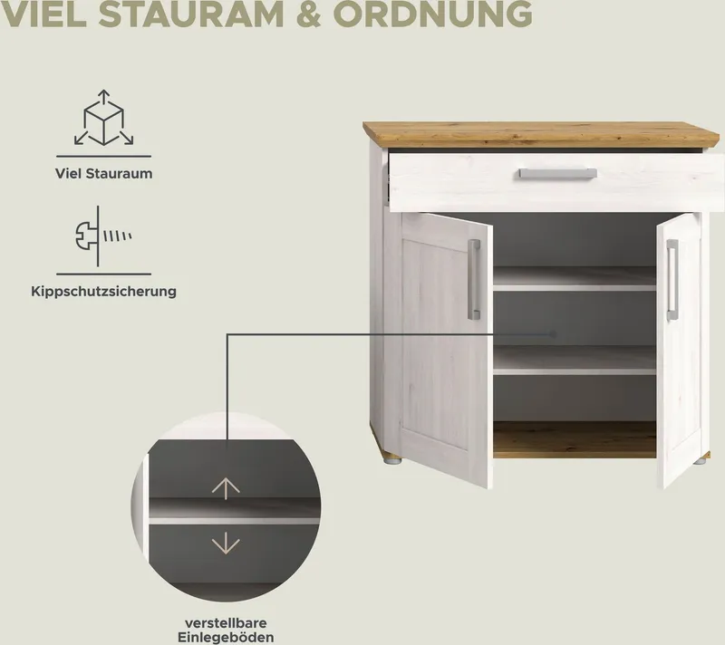 Home affaire Garderoben-Set COSENZA, Breite ca. 190 cm, 4-teilig, in Landhausoptik, (4-St., bestehend aus: Sitzbank, Garderobenpaneel, Schuhschrank, Spiegel), Garderobenkombination, Kombination, Diele, Garderobe, Garderobenmöbel, Weiß, – Produktbild 5 von 5