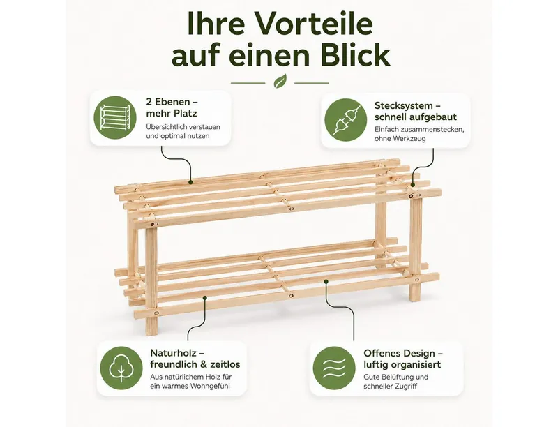 Testrut Testrut Schuhregal Schuhregal, Holz, 2 Ebenen, 1-tlg., Braun, – Produktbild 3 von 5