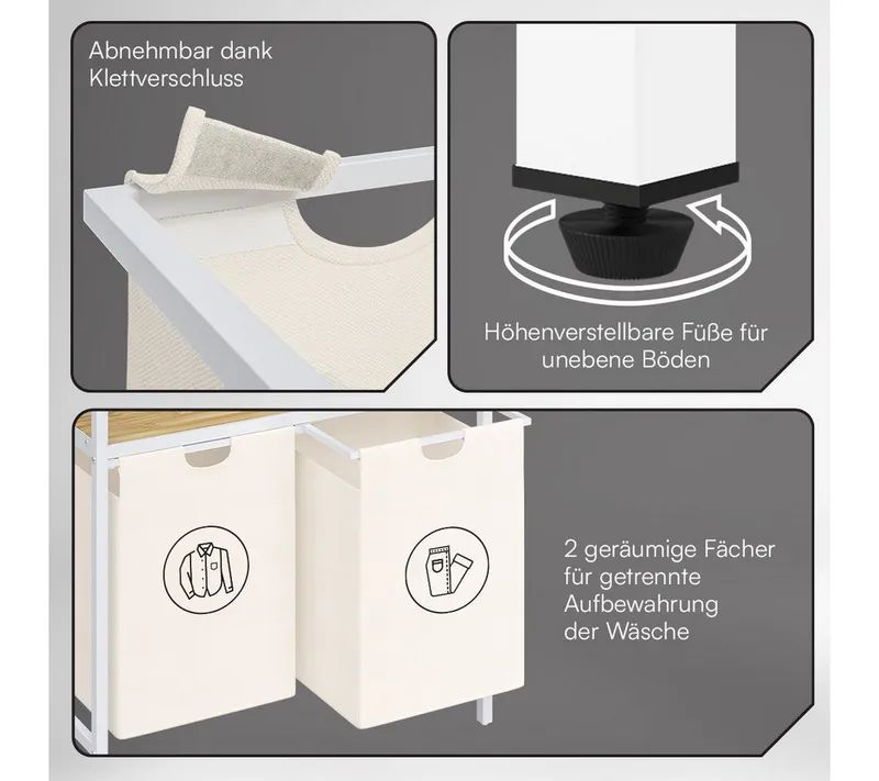 STEELSØN Wäschekorb Rigil aus Metall (2 Fächer (90 L) mit 1 Bambus-Ablage, weiß), auch verfügbar mit 3 oder 4 Fächern, ausziehbar & abnehmbar, Weiß, – Produktbild 3 von 5