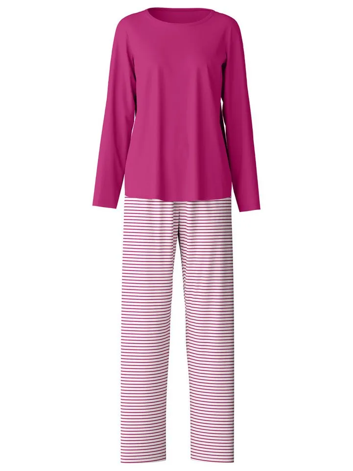 CALIDA CALIDA Schlafanzug (2 tlg) Rundhalsausschnitt, langarm, Oberteil uni, Hose mit Streifen, Rot, – Produktbild 2 von 5