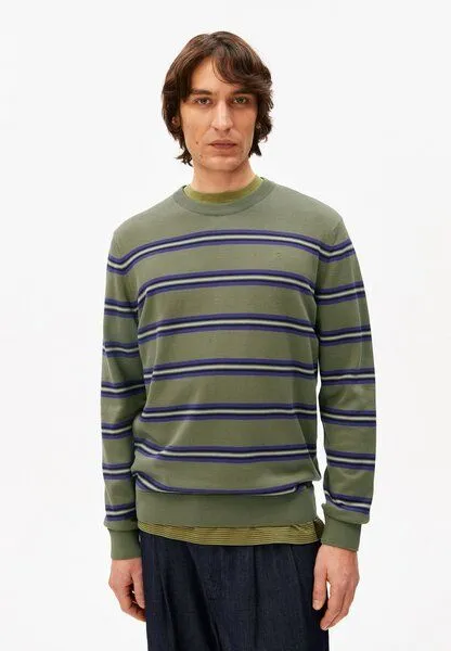 ARMEDANGELS ARMEDANGELS LOUKAA FINE STRIPE Herren Pullover aus Bio-Baumwolle, Fatigue green-tinted navy, – Produktbild 1 von 4