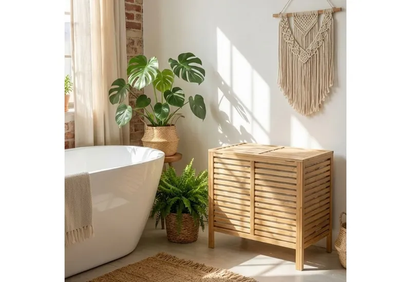 NUXIO Wäschekorb Wäschekorb aus Bambus MOA mit 2 Fächern, 90 l, Beige|braun, – Produktbild 2 von 5