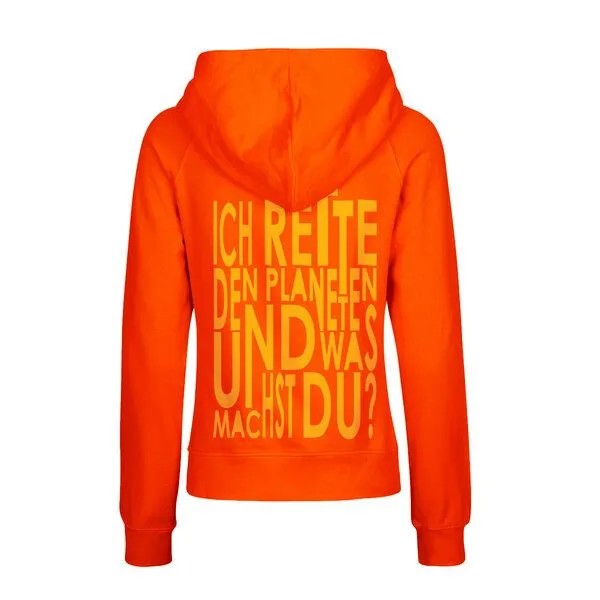 HANDGEDRUCKT HANDGEDRUCKT "Weltretten" Frauen Hoody aus reiner Biobaumwolle (kbA), Orange, – Produktbild 1 von 3