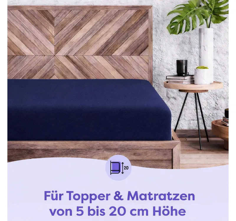 Wolkenfeld Spannbettlaken 100% Baumwolle - Superweiches Bettlaken für Matratzen von 5 bis 20cm, Jersey, Gummizug: rundum, (1 Stück), Rutschfest & Blickdicht - 90x200, 140x200, 160x200, 180x200 200x200, Blau, – Produktbild 5 von 5