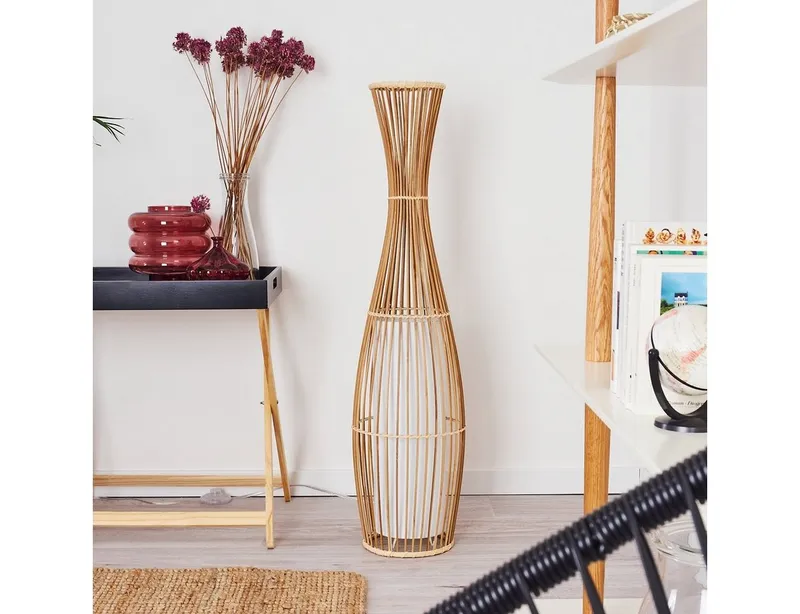 hofstein Stehlampe »Archi« Stehleuchte Vintage Bodenleuchte aus Bambus/Stoff, Natur/Weiß, ohne Leuchtmittel, Ø18cm, E27, im Boho-Style mit Fußschalter am Kabel, Beige|braun, – Produktbild 5 von 5