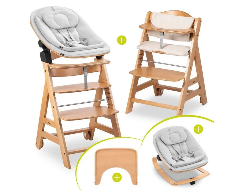 Hauck Hauck Hochstuhl Beta Plus Natural Newbornset Eco - Light Grey (Set), Holz Babystuhl ab Geburt mit Neugeborenensufsatz, Sitzkissen, Essbrett, Beige, – Produktbild 1 von 5
