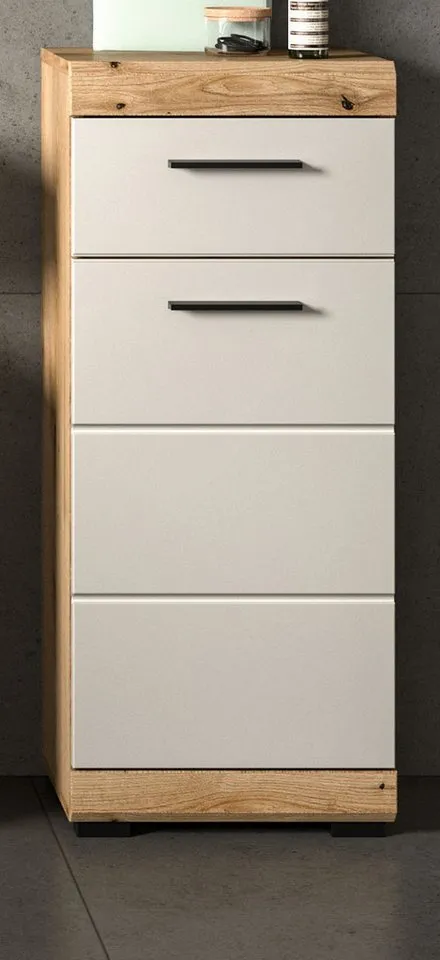 Inn.Furn Badkommode Shawn (Badschrank in Eiche und Sand / Kaschmir, 37 x 88 cm), mit Vollauzug, Beige, – Produktbild 3 von 5