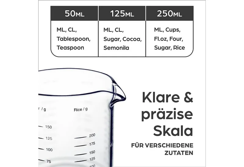 Praknu Messbecher Glas Messbecher mit Ausguss - 50ml, 125ml, 250ml - Präzise Skala, Weiß, – Produktbild 4 von 5