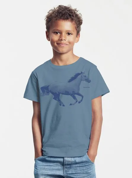 Peaces.bio - handbedruckte Biomode Peaces.bio - handbedruckte Biomode Bio-Kinder T-Shirt Horsepower, Blaugrau, – Produktbild 2 von 2