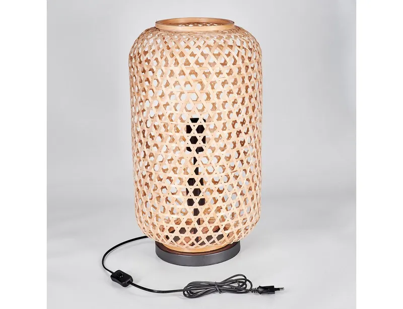 hofstein Tischleuchte moderne Boho Tischlampe aus Metall/Bambus in Schwarz/Natur, ohne Leuchtmittel, Schirm in Gitter-Optik, An-/Ausschalter, 2 x E27, ohne Leuchtmittel, Beige, – Produktbild 5 von 5