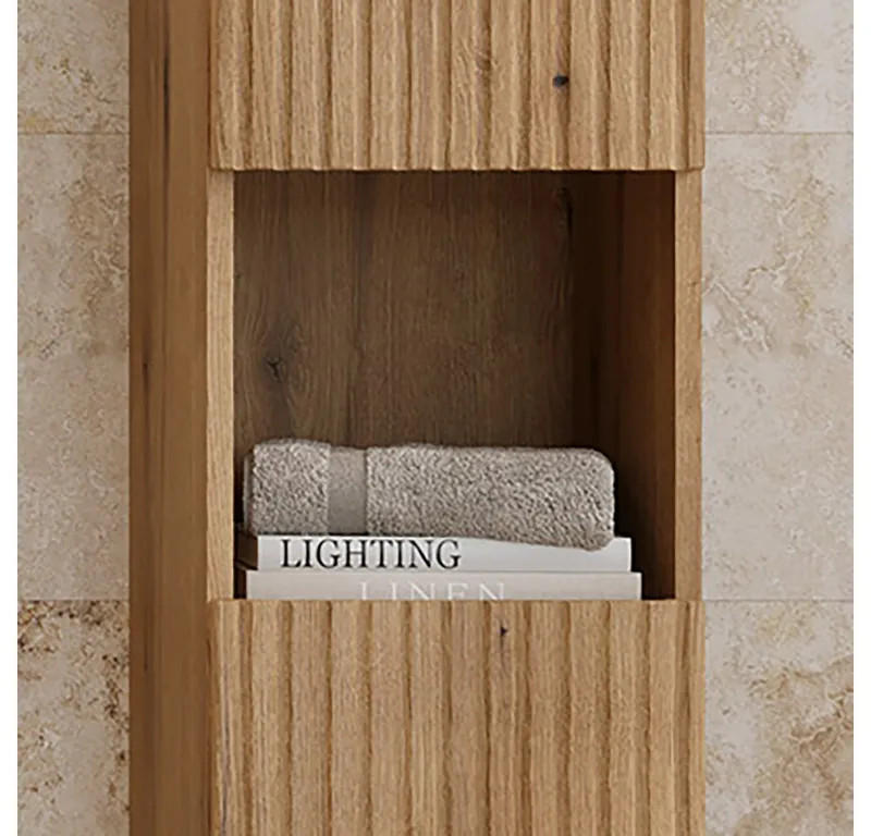 Lomadox Badmöbel-Set NEWPORT-56-EVOKE, (Spar-Set, 2-St., Waschtischunterschrank Hochschrank), in Eiche mit gerillter Front, Braun, – Produktbild 5 von 5