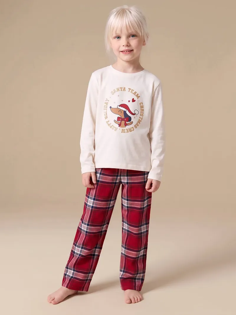 Vertbaudet Vertbaudet Mädchen Flanell-Schlafanzug TEAM SANTA Family Weihnachts-Capsule, Wollweiß, – Produktbild 1 von 4