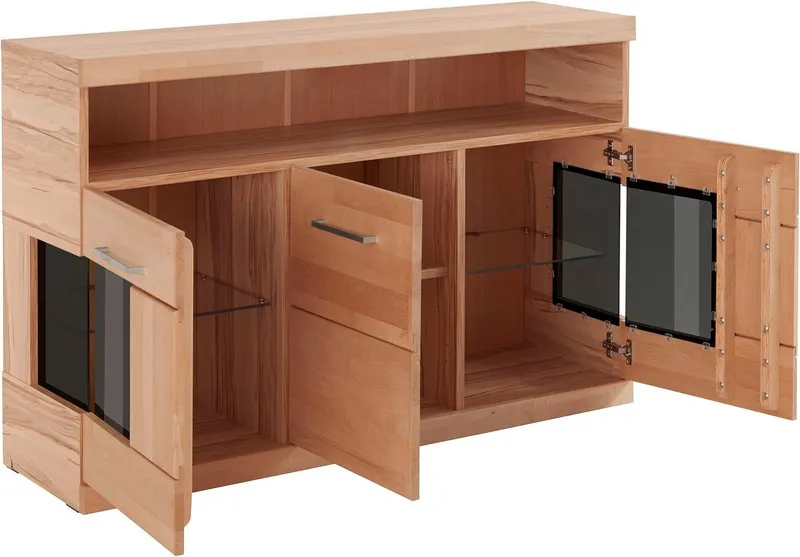 OTTO home Sideboard Ribe,130cm breit,Fronten Massivholz,2Türen mit gehärtetem Glaseinsatz, Korpus aus Holzwerkstoff, Metall Griffe,7 Fächer, Böden versetzbar, Braun, – Produktbild 5 von 8