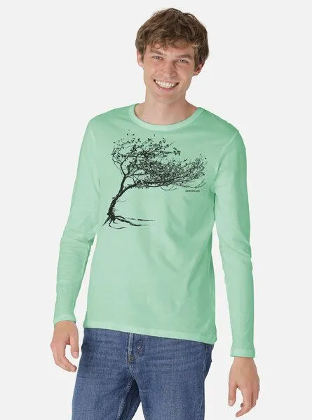 Peaces.bio - handbedruckte Biomode Peaces.bio - handbedruckte Biomode Bio-Herren-Langarmshirt "Windy Tree", Mint, – Produktbild 2 von 2