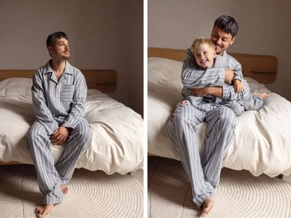 Yumeko Pyjamaoberteil Herren "Yumeko" aus Velvet Flanell, Light grey/blue stripe, – Produktbild 1 von 3