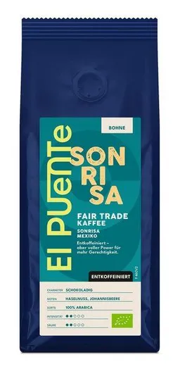 El Puente El Puente Sonrisa - Bio-Kaffeebohnen 250 g entkoffeiniert | Fair Trade | Bio-zertifiziert | Vegan | Glutenfrei – Produktbild 1 von 1