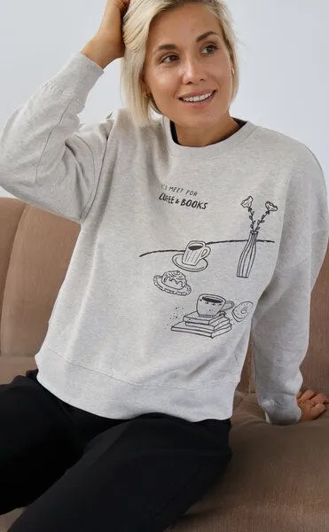 Kultgut Kultgut Artdesign - Biofair- Pulloversweater im Boxistyle / Coffee & Books, Brown, – Produktbild 1 von 4