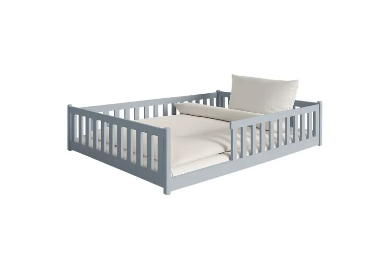 Kids Collective Kinderbett Bodenbett Bett mit Rausfallschutz & Lattenrost Montessori Bett Kinder (Jungen, Mädchen, Kinder, weitere Größen 80x160, 80x180, 90x190, 90x200, 120x200 cm), Jugendbett Gitterbett Einzelbett mit Matratze, Aschgrau 140x200 cm, Grau, – Produktbild 2 von 5