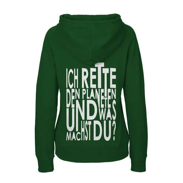 HANDGEDRUCKT HANDGEDRUCKT "Weltretten" Frauen Hoody aus reiner Biobaumwolle (kbA), Bottlegreen, – Produktbild 1 von 4