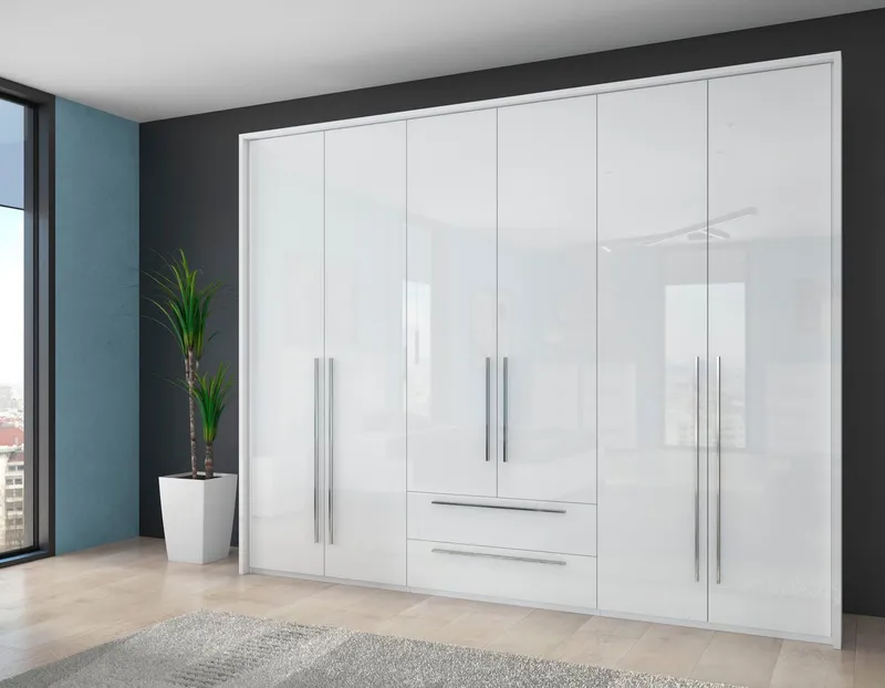 OTTO home Drehtürenschrank Piano, inklusive Rahmen und Beleuchtung, soft-close-Funktion (viele Breiten zur Auswahl, 226cm hoch, mit jeweils 2 Schubladen) beige oder weiß, UV lackiert, Hochglanzfronten, FSC-zertifiziert, Weiß, – Produktbild 1 von 8
