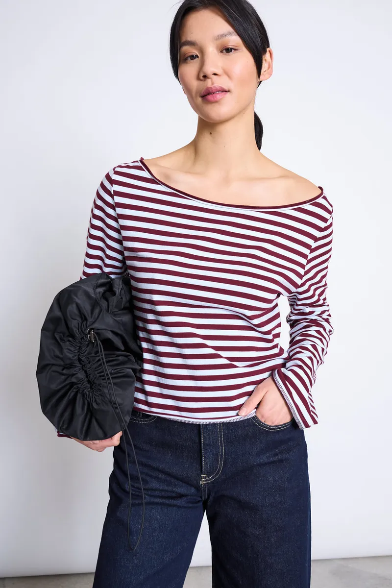 JAN N JUNE JAN N JUNE Damen vegan Langarmshirt Offshoulder Arba Rot Blau Gestreift, Dunkelrot, – Produktbild 2 von 2