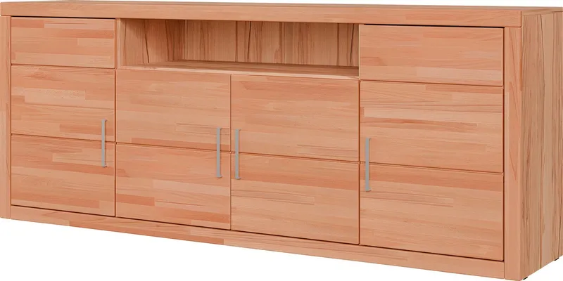 OTTO home Sideboard Logo,200cm breit,42 cm tief,Fronten Massivholz,11 Fächer, Kernbuche massiv, Holzwerkstoff, 4Türen,11 Fächer,Böden versetzbar, Braun, – Produktbild 2 von 5