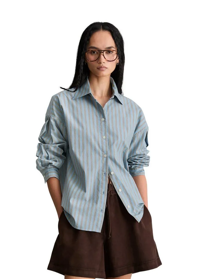Marc O'Polo DENIM Langarmbluse aus gestreifter Papertouch-Popeline, Blau, – Produktbild 1 von 5