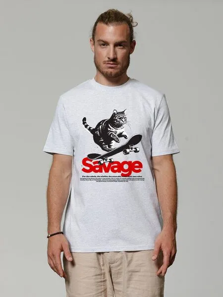 watapparel watapparel T-Shirt Unisex Savage cat, Cool heather grey, – Produktbild 2 von 3