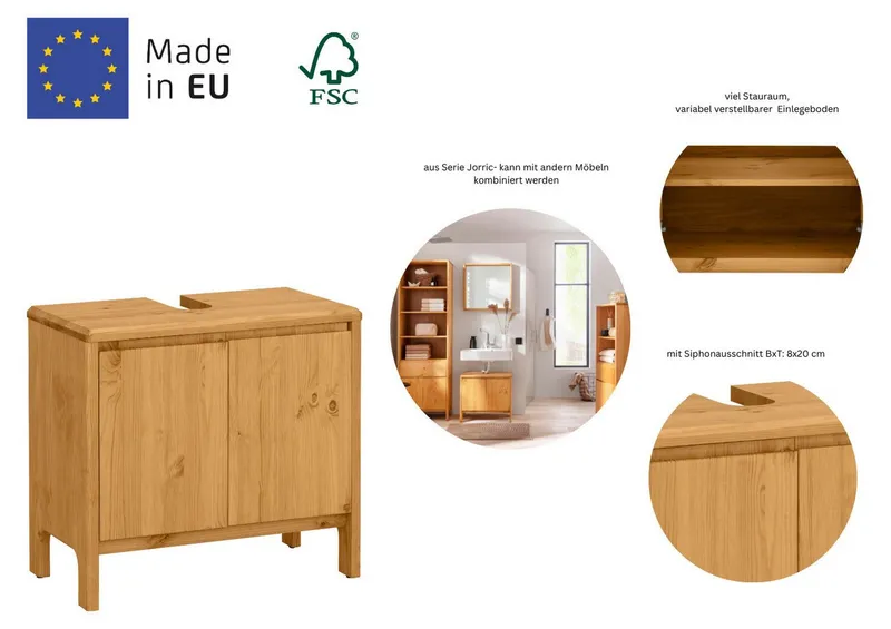 OTTO products Waschbeckenunterschrank Jorrick Breite 60 cm, Kiefer mit Bio Öl/Wachs behandelt, Siphonausschnitt, Beige, – Produktbild 8 von 8