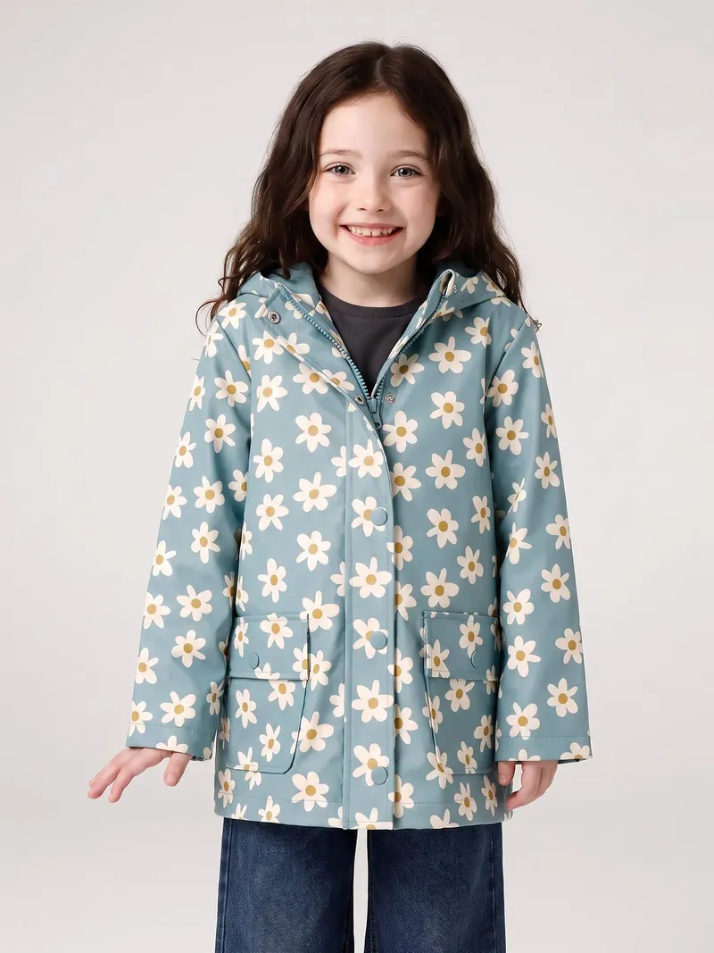 Vertbaudet Vertbaudet Mädchen Regenjacke mit Taschen blumen, Aqua blumen, – Produktbild 2 von 4