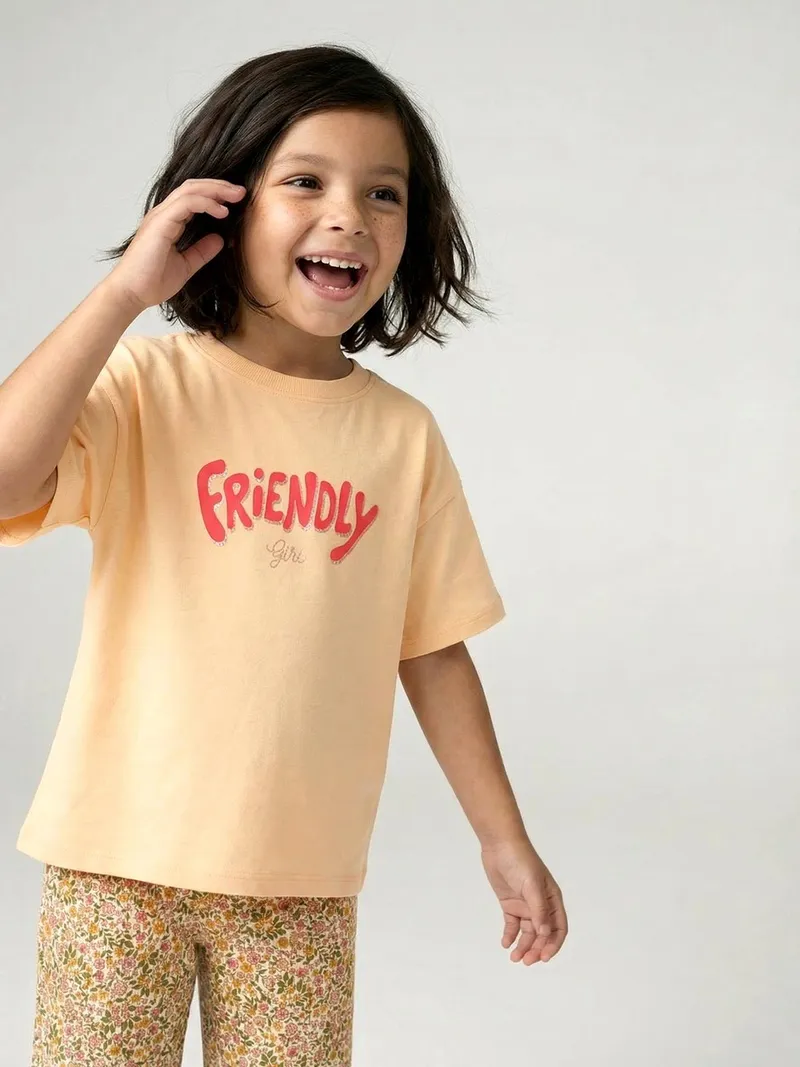 Vertbaudet Bedrucktes Mädchen T-Shirt, Gelb friendly girl, – Produktbild 2 von 4