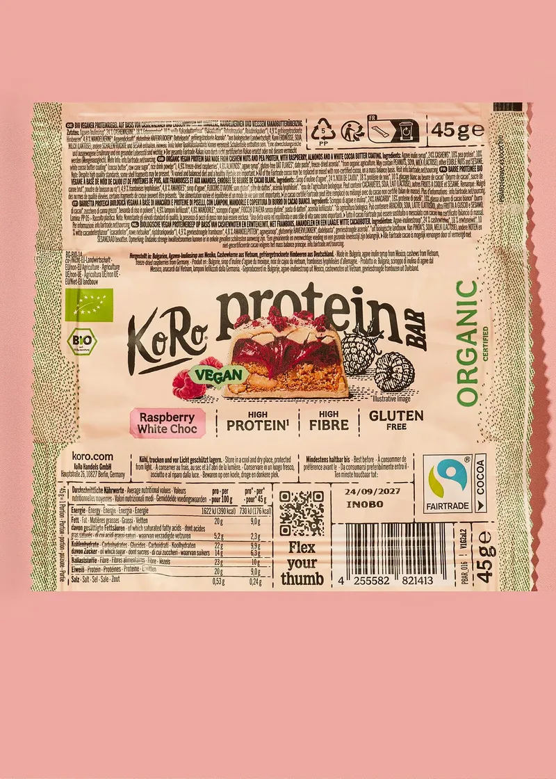 KoRo Vegan Bio Protein Bar Raspberry White Choc | 3 x 45 g – Produktbild 5 von 5