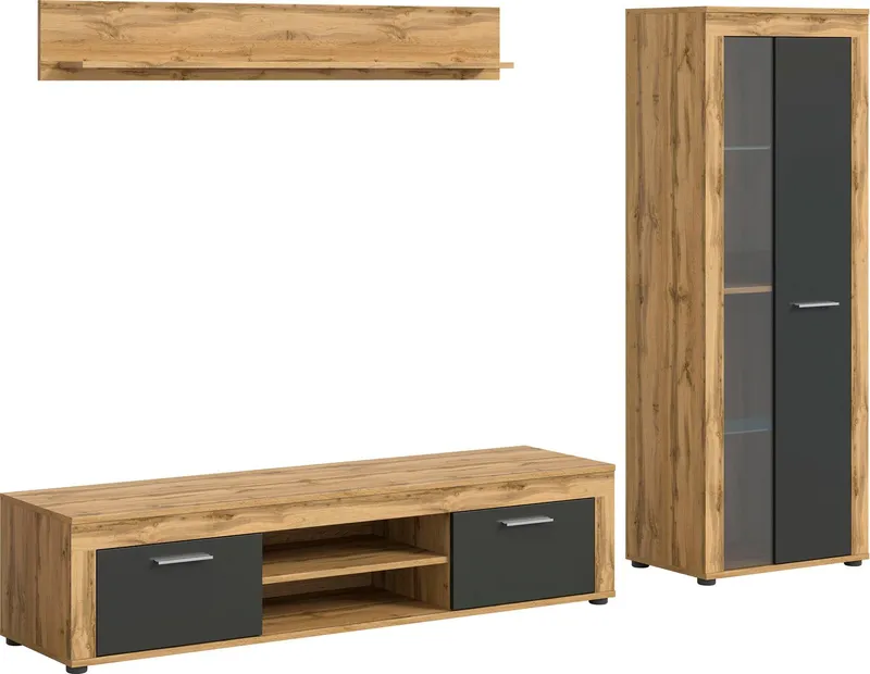 OTTO home Wohnwand AOSTA, Breite 235cm, 3-teilige Wohn-Kombination, (3-St., bestehend aus: Lowboard, Wandboard, Vitrine), Wohnwand, Kombination, Anbauwand, Möbel Set, Schrankwand, Möbel Kombi, Braun|grau, – Produktbild 2 von 4
