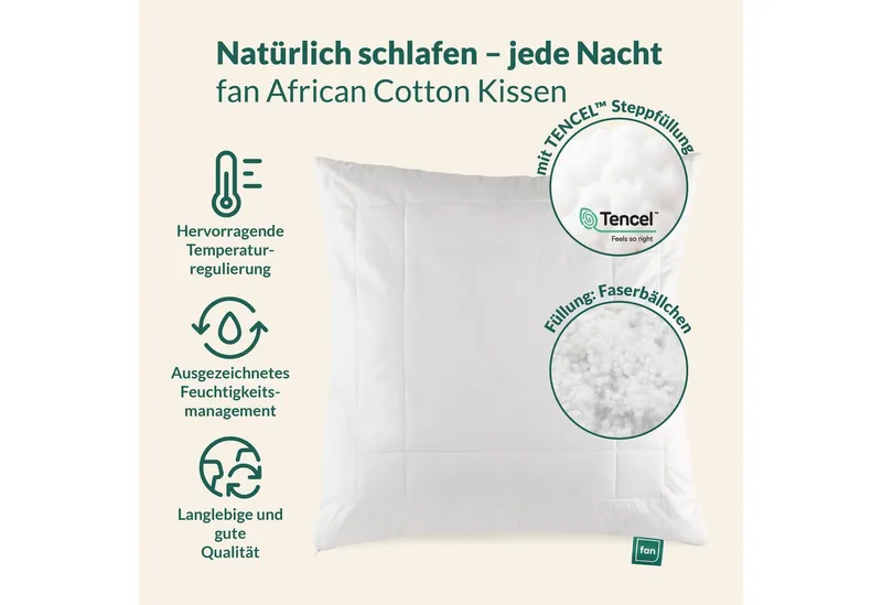 fan Kopfkissen African Cotton, 40x80 & 80x80 cm, Füllung: 60% Polyester / 40% Lyocell (Tencel), Bezug: 100% Bio Baumwolle, Kopfkissen mit hochwertigem Baumwollbezug (KBA), Beige, – Produktbild 2 von 7