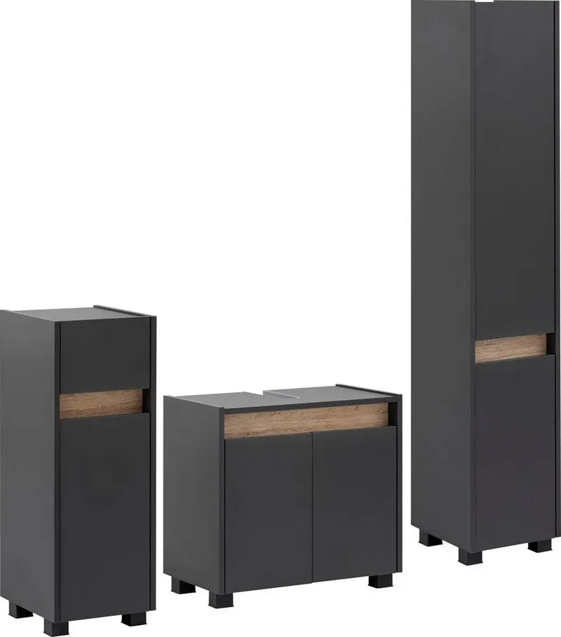 Schildmeyer Badmöbel-Set Cosmo, Badezimmer Set, melaminharzbeschichtet, Made in Germany, (Set, 3-St), Solide Verarbeitung - Dieses Produkt ist in Deutschland gefertigt, Schwarz, – Produktbild 2 von 5