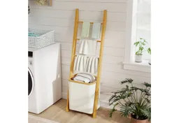 HOMCOM HOMCOM Badregal Handtuchhalter Handtuchständer mit 48L-Wäschekorb, Handtuchleiter, 2-in-1 Badezimmerregal 1-tlg., aus Bambus für Wohnzimmer, Badezimmer, Cremeweiß, 43 x 35 x 133 cm – Produktbild 1 von 1