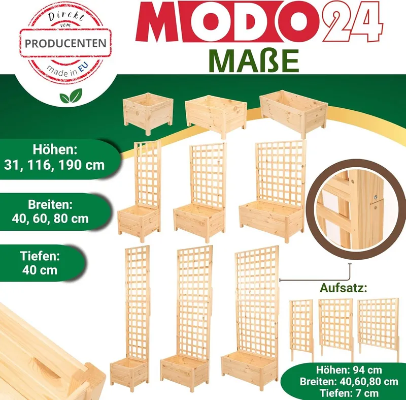Modo24 Blumenkasten aus Holz, Pflanzkübel, Balkonkasten mit / ohne oder nur Rankgitter, Blumenkübel Holzkiste Garten Terrasse, Imprägniert Wetterfest Outdoor, Beige|grau, – Produktbild 5 von 5