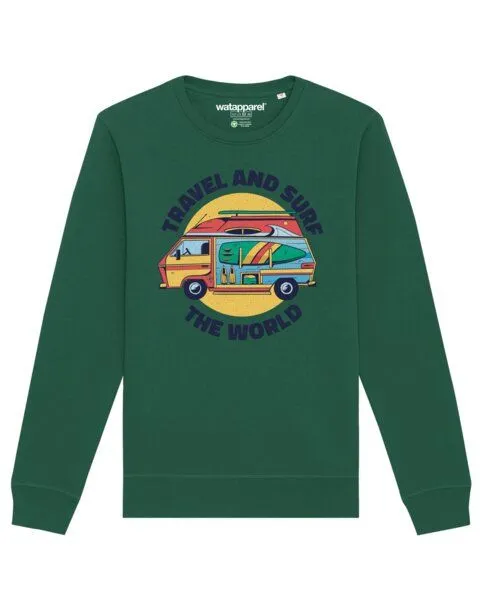 watapparel watapparel Sweatshirt Unisex Travel and surf, Bottle green, – Produktbild 1 von 4