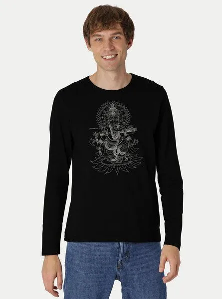 Peaces.bio - handbedruckte Biomode Peaces.bio - handbedruckte Biomode Bio-Herren-Langarmshirt Ganesha, Schwarz, – Produktbild 2 von 3