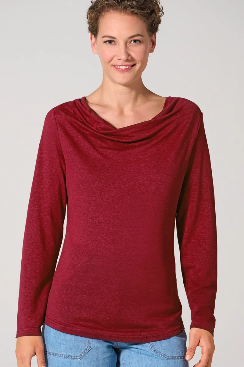 HempAge Hempage Damen vegan Top Mit Langen Ärmeln Und Wasserfallausschnitt, Rubinrot, Rot, – Produktbild 2 von 2