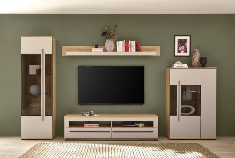 Home affaire Wohnwand Cantara, Anbauwand, Wohnzimmer-Set, in Eiche Evoke, Weiß oder Kaschmir, (Set, 4-St), enthält zwei Vitrinen, ein Lowboard und ein Wandboard, Braun, – Produktbild 2 von 8
