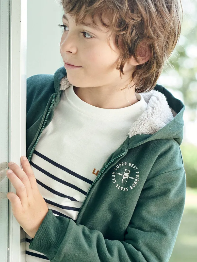 Vertbaudet Jungen Langarm-Ringelshirt, Wollweiß gestreift, – Produktbild 2 von 4