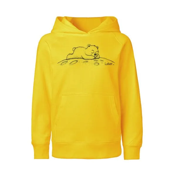 HANDGEDRUCKT HANDGEDRUCKT "Later" Kinder-Hoody aus reiner Biobauwolle (kbA) Bär, Yellow, – Produktbild 1 von 4